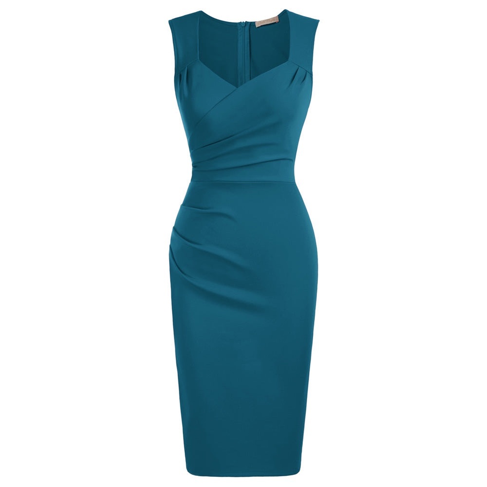 Belle Poque - Red Vintage Ruched Sleeveless Surplice V-Neck Pencil Dress
